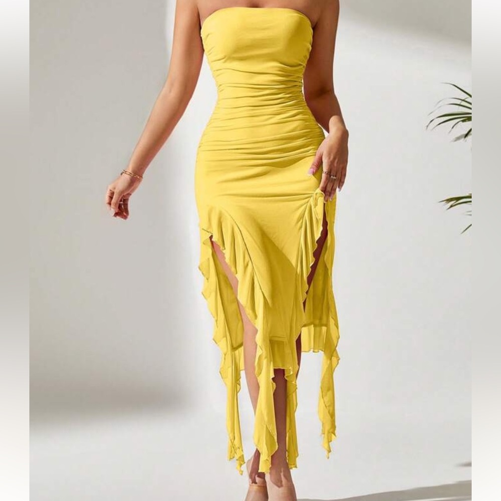 Yellow Strapless tube midi Dress